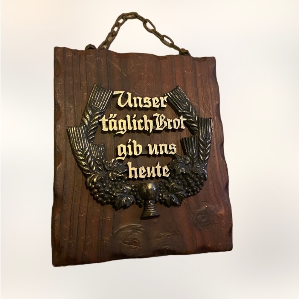 Vintage MCM German humor wood wall decor beer plaque thanks for daily bread